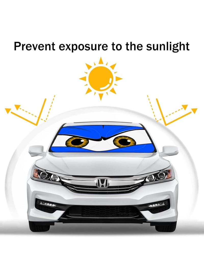 FAYET Funny Car Eyes Windshield Sun Shade – Foldable UV Protection Sun Visor, Heat Reflective Windshield Cover with Straps for Cars, SUVs & Trucks - Image 3